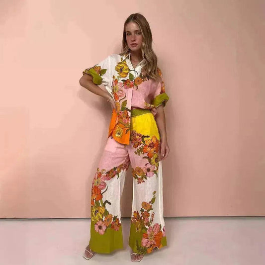 Printed Cotton And Linen Two-piece Suit Outfit Top Wide-leg Pants - Velora