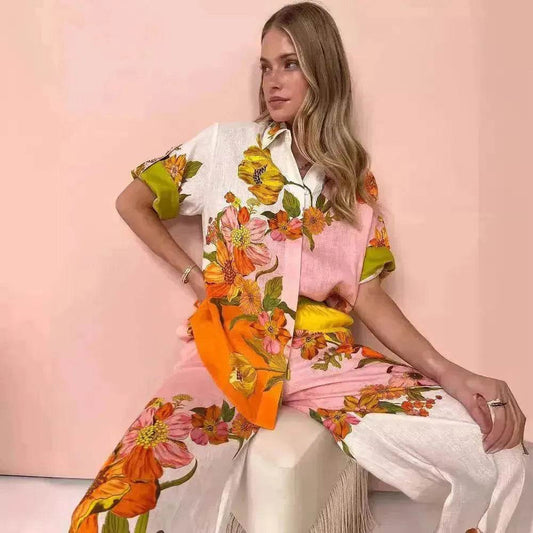 Printed Cotton And Linen Two-piece Suit Outfit Top Wide-leg Pants - Velora
