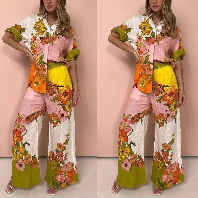Printed Cotton And Linen Two-piece Suit Outfit Top Wide-leg Pants - Velora