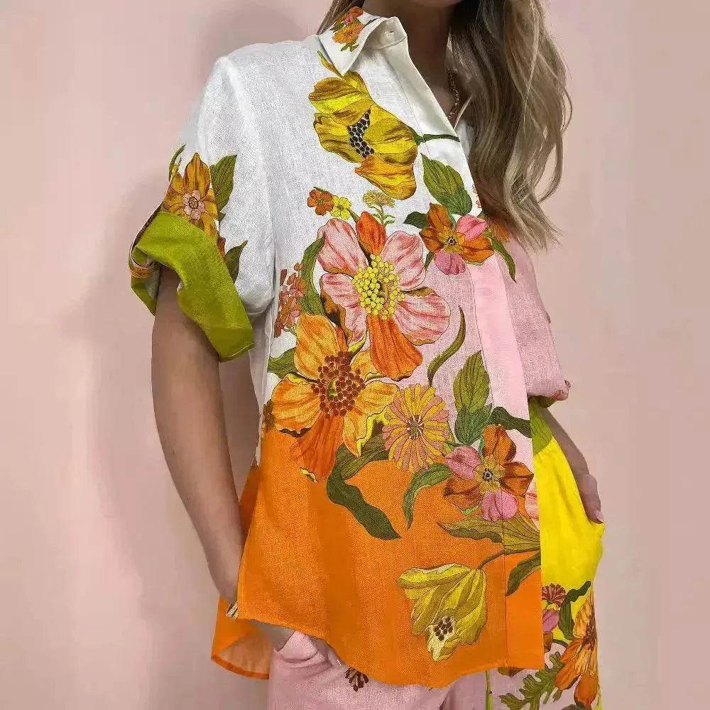 Printed Cotton And Linen Two-piece Suit Outfit Top Wide-leg Pants - Velora