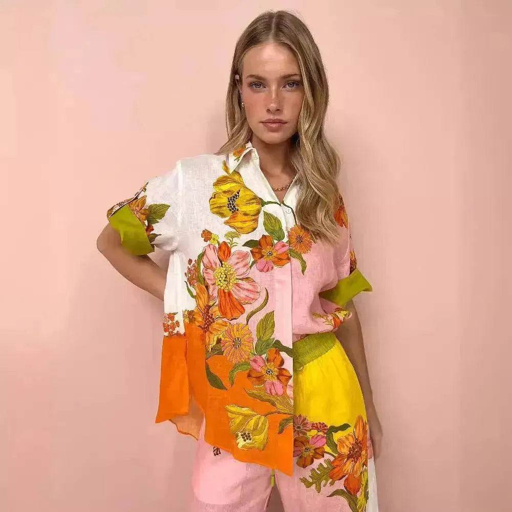 Printed Cotton And Linen Two-piece Suit Outfit Top Wide-leg Pants - Velora
