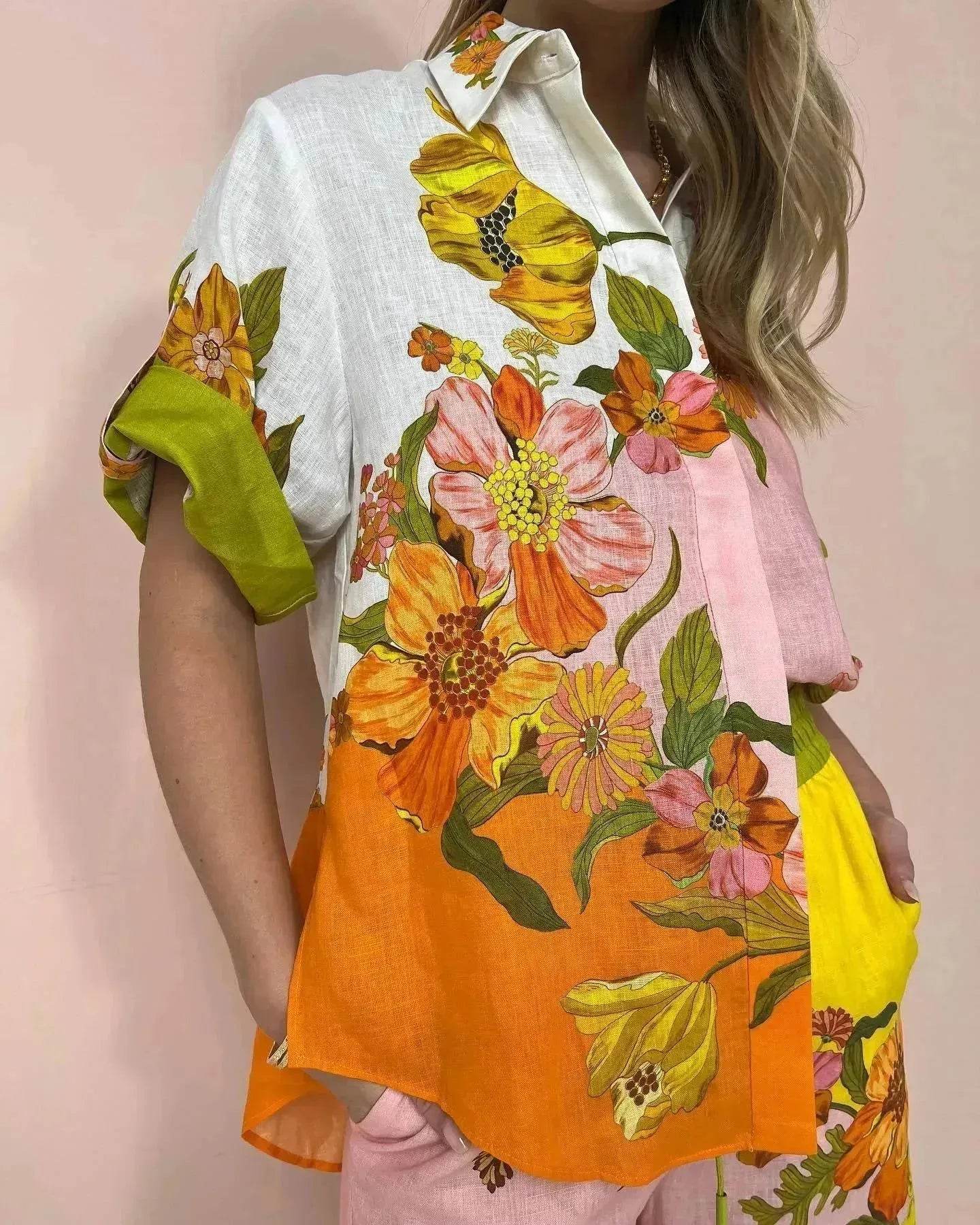 Printed Cotton And Linen Two-piece Suit Outfit Top Wide-leg Pants - Velora