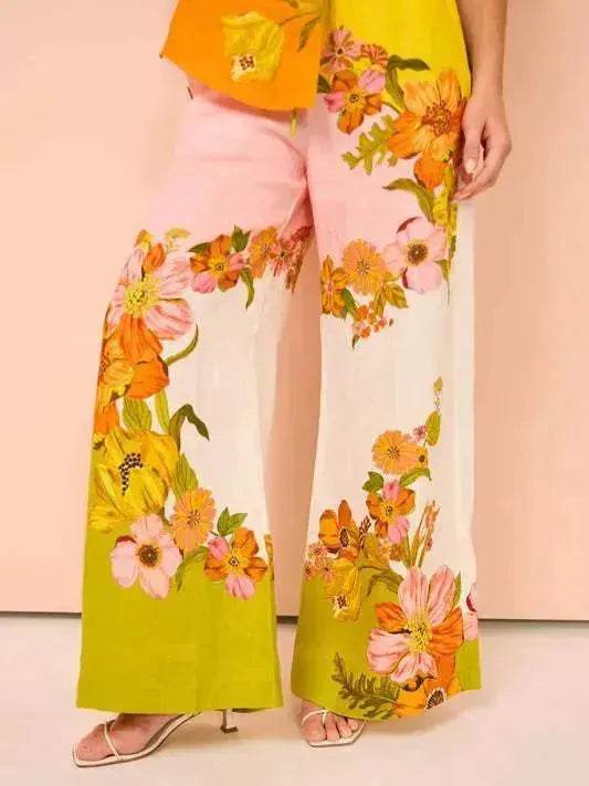 Printed Cotton And Linen Two-piece Suit Outfit Top Wide-leg Pants - Velora