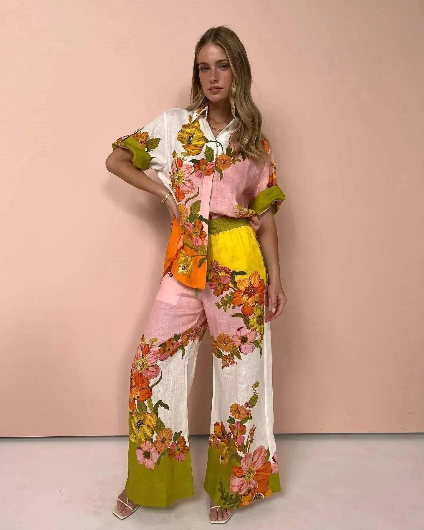 Printed Cotton And Linen Two-piece Suit Outfit Top Wide-leg Pants - Velora