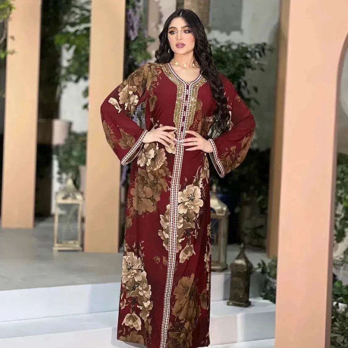Printed Embroidered Elegant Arab Dubai Turkey Middle Eastern Sophisticated Women Abaya Dress Robe - Velora