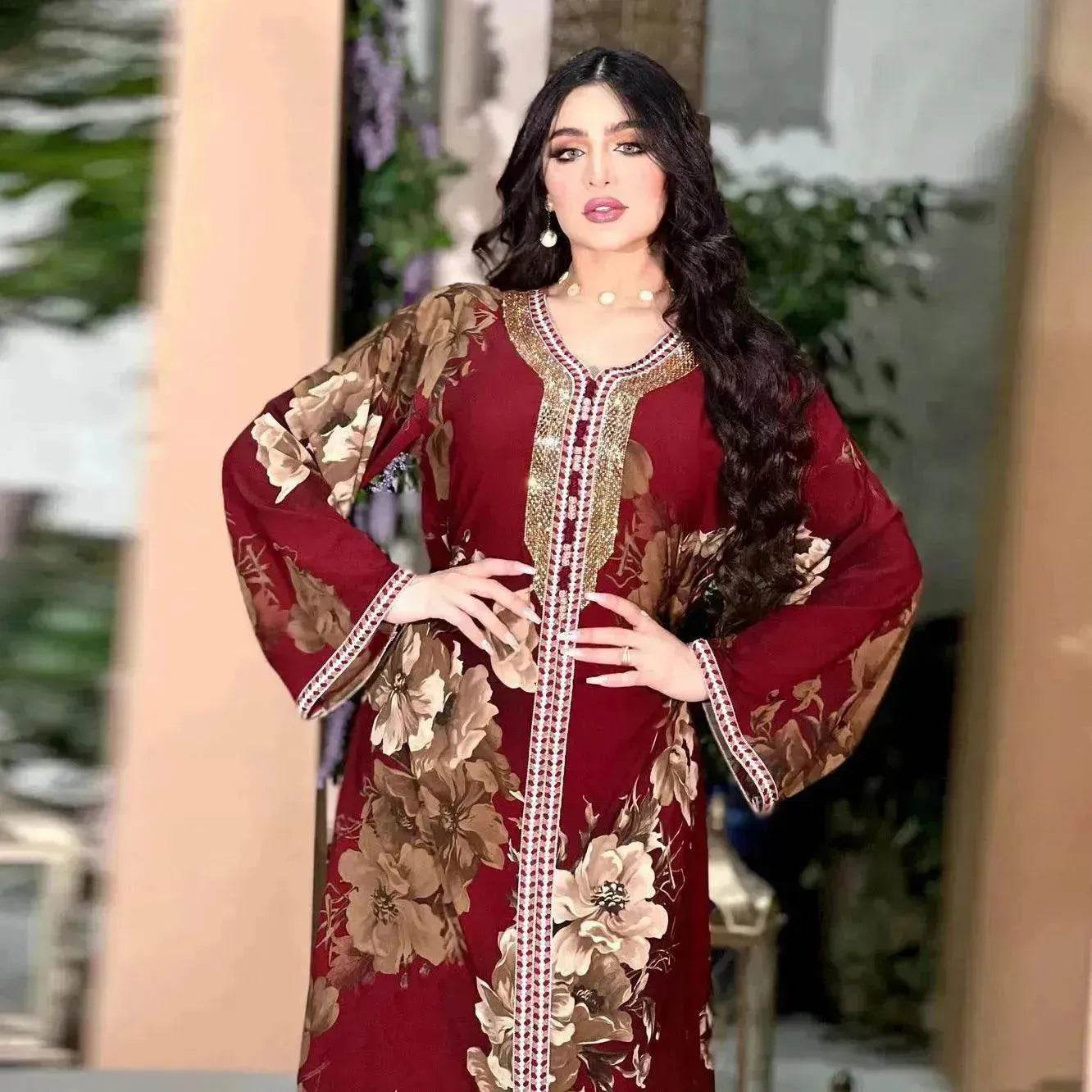 Printed Embroidered Elegant Arab Dubai Turkey Middle Eastern Sophisticated Women Abaya Dress Robe - Velora