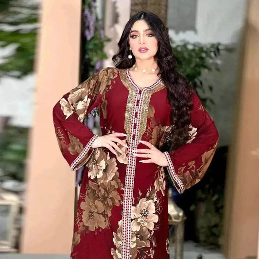 Printed Embroidered Elegant Arab Dubai Turkey Middle Eastern Sophisticated Women Abaya Dress Robe - Velora