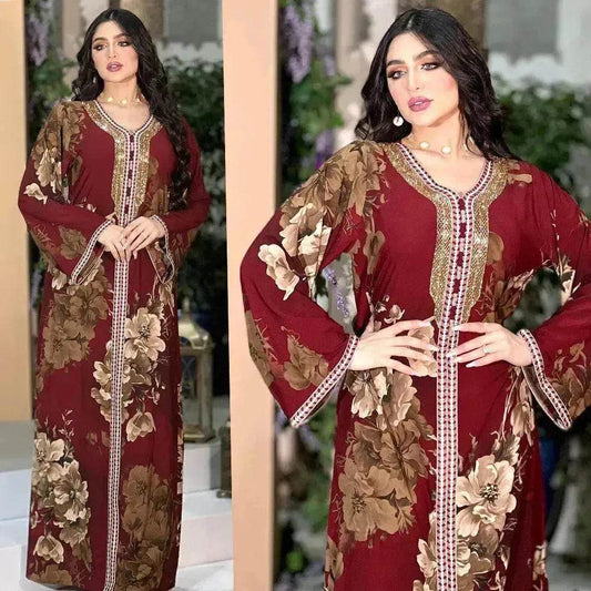 Printed Embroidered Elegant Arab Dubai Turkey Middle Eastern Sophisticated Women Abaya Dress Robe - Velora