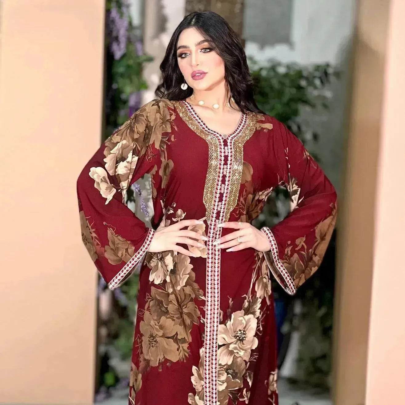 Printed Embroidered Elegant Arab Dubai Turkey Middle Eastern Sophisticated Women Abaya Dress Robe - Velora