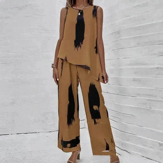 Printed Irregular Top Two-piece Pants Women - Velora