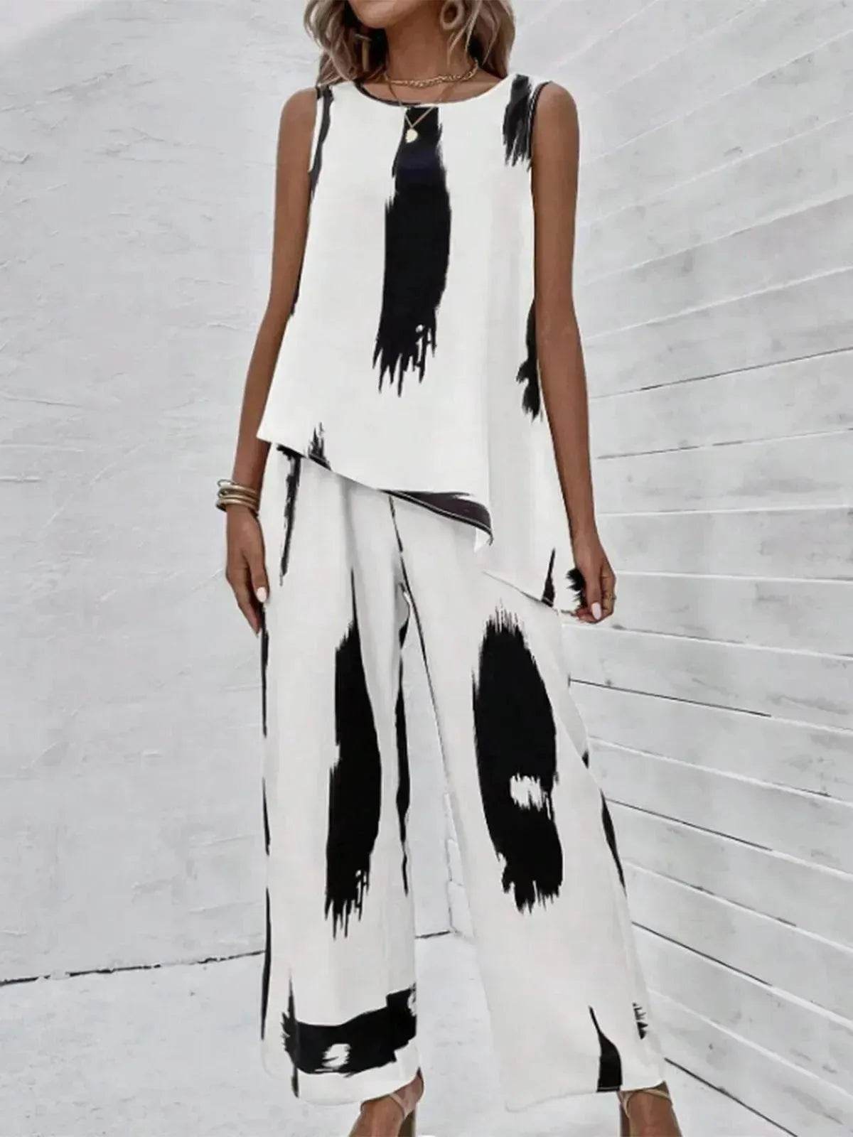 Printed Irregular Top Two-piece Pants Women - Velora