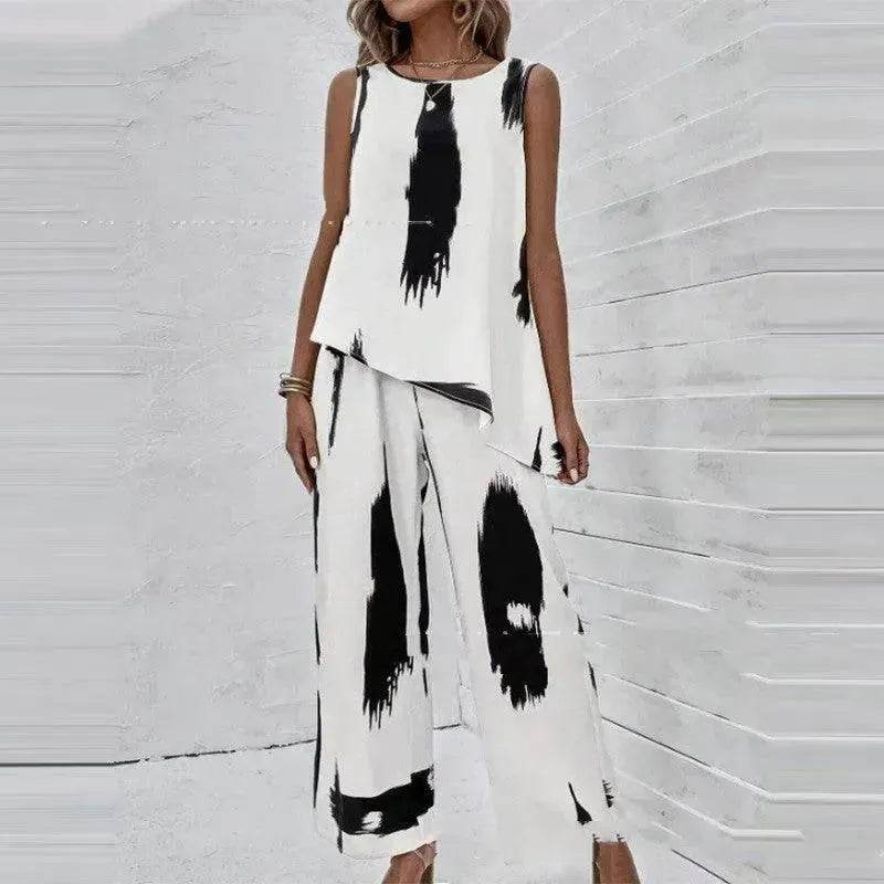 Printed Irregular Top Two-piece Pants Women - Velora