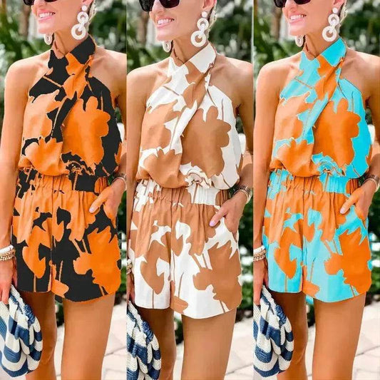 Printed Lace Up Backless Top Pocket Shorts Two-piece Suit For Women - Velora