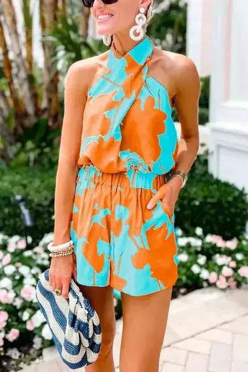 Printed Lace Up Backless Top Pocket Shorts Two-piece Suit For Women - Velora