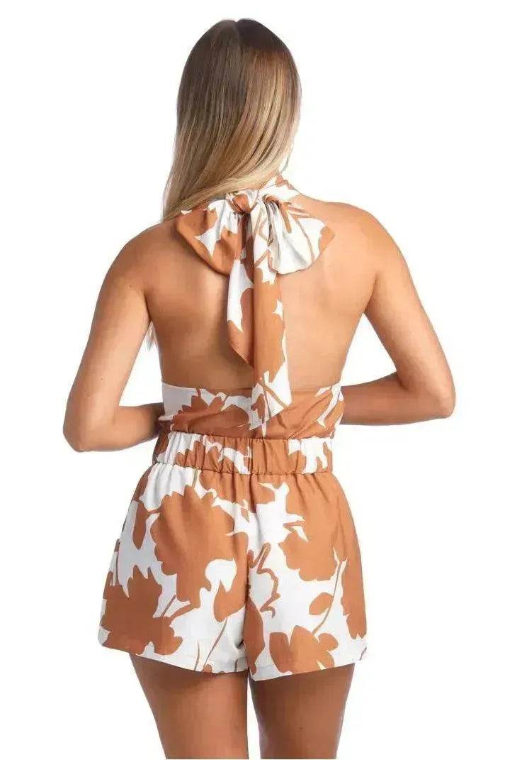 Printed Lace Up Backless Top Pocket Shorts Two-piece Suit For Women - Velora