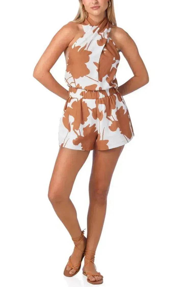 Printed Lace Up Backless Top Pocket Shorts Two-piece Suit For Women - Velora