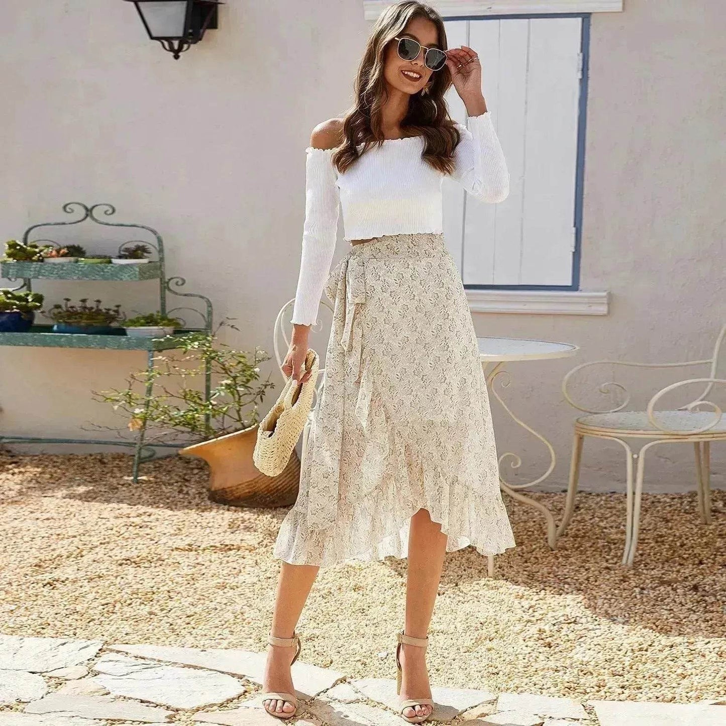 Printed Lace Up Split Expansion Midi Floral Skirt With Lining - Velora