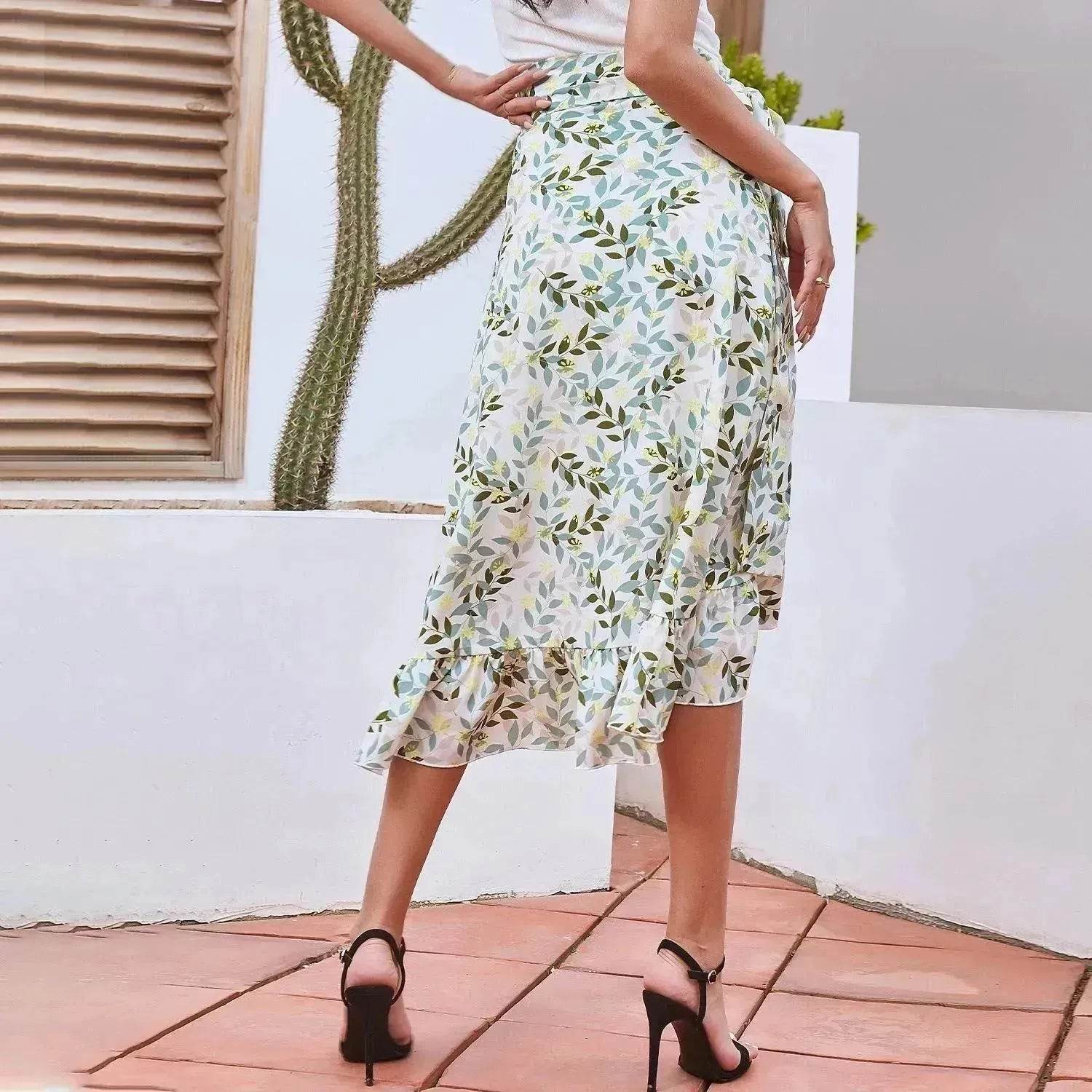 Printed Lace Up Split Expansion Midi Floral Skirt With Lining - Velora