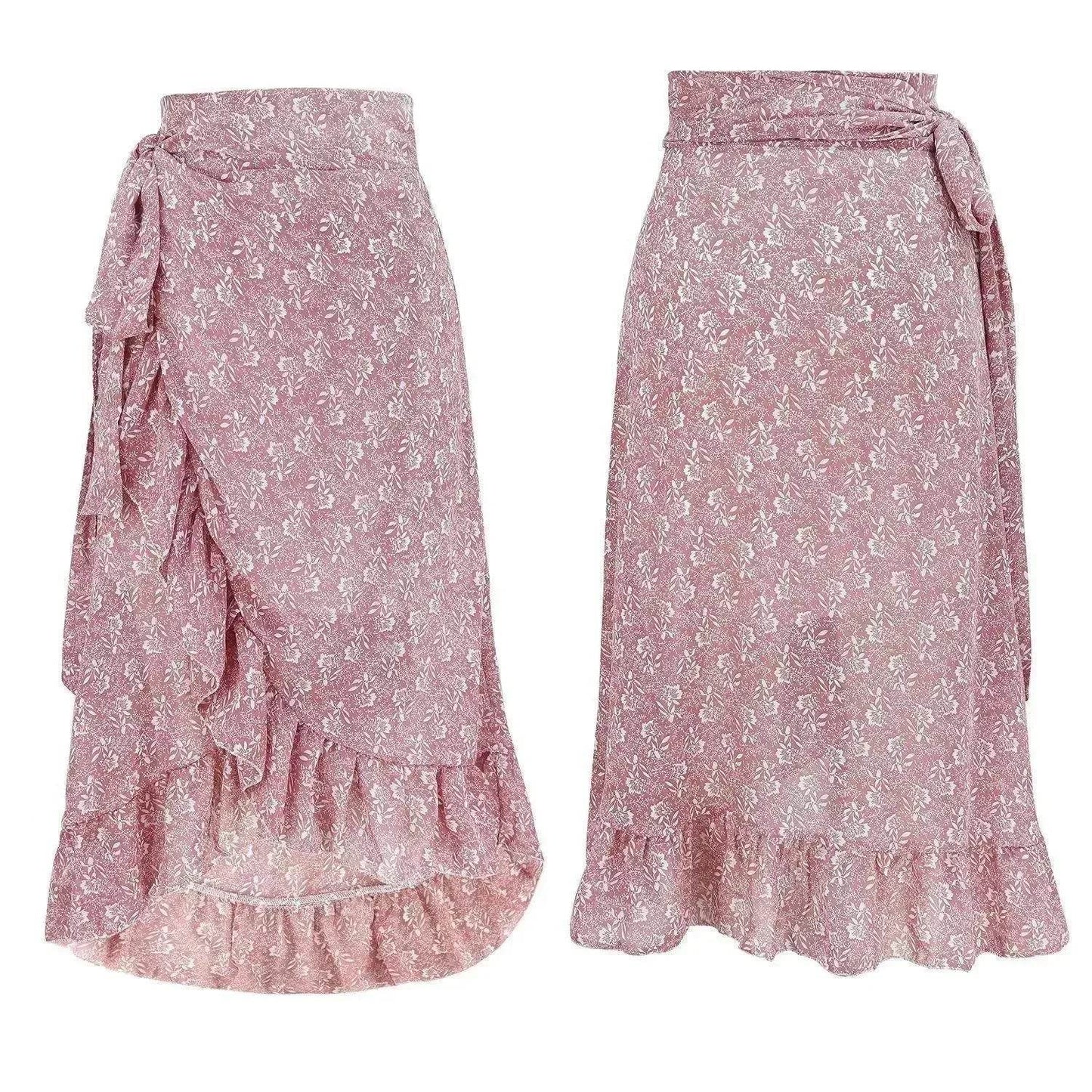 Printed Lace Up Split Expansion Midi Floral Skirt With Lining - Velora