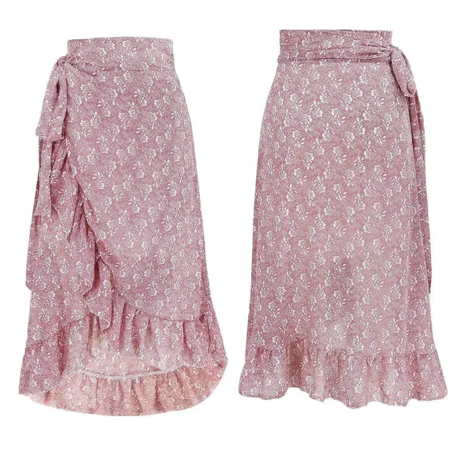 Printed Lace Up Split Expansion Midi Floral Skirt With Lining - Velora