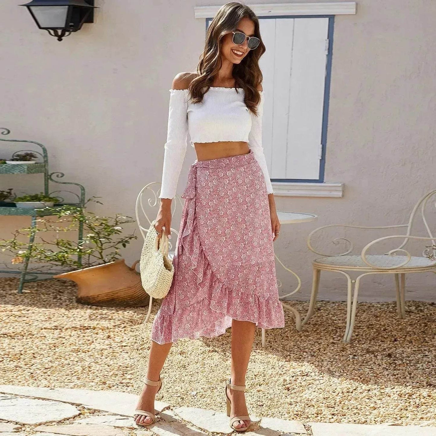 Printed Lace Up Split Expansion Midi Floral Skirt With Lining - Velora