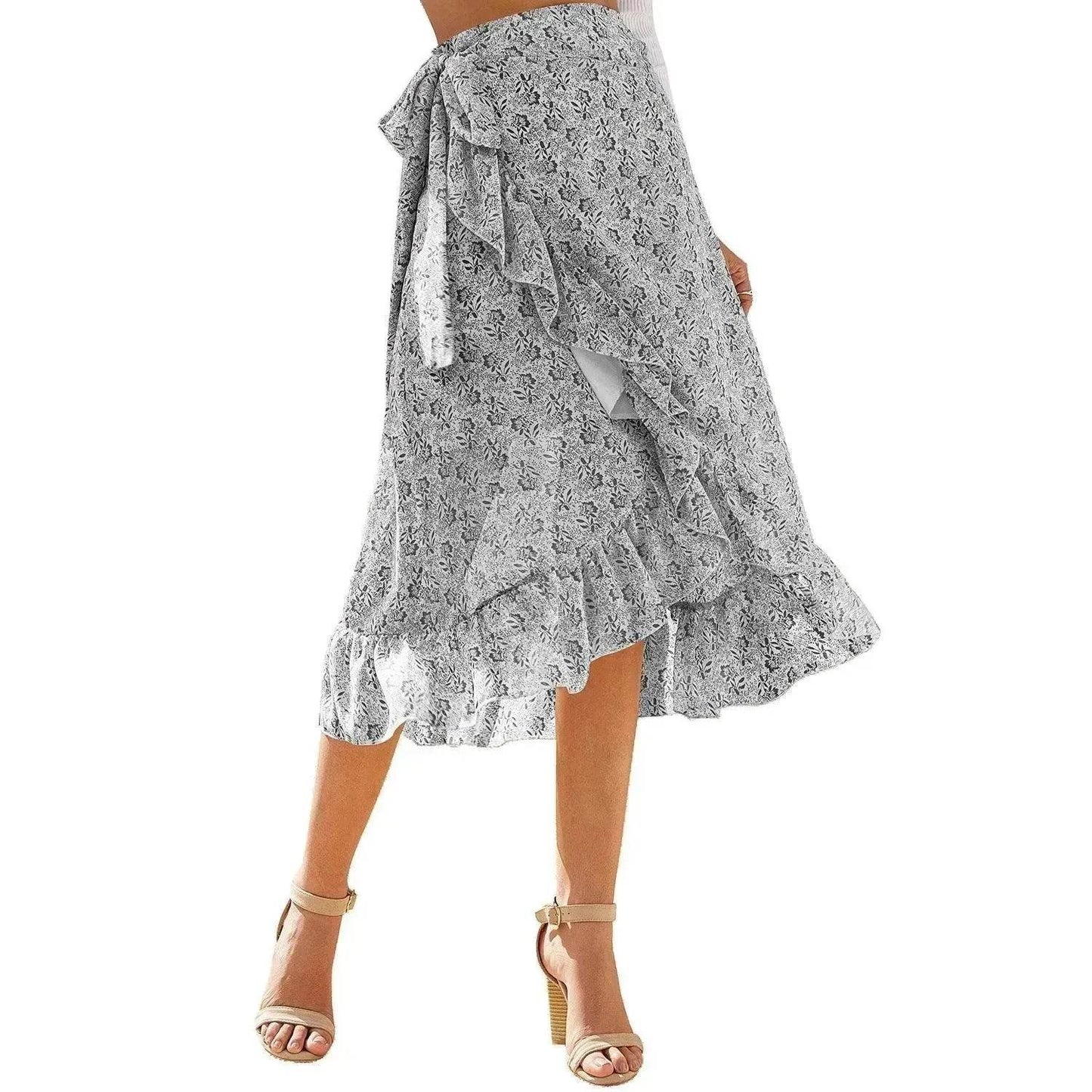 Printed Lace Up Split Expansion Midi Floral Skirt With Lining - Velora
