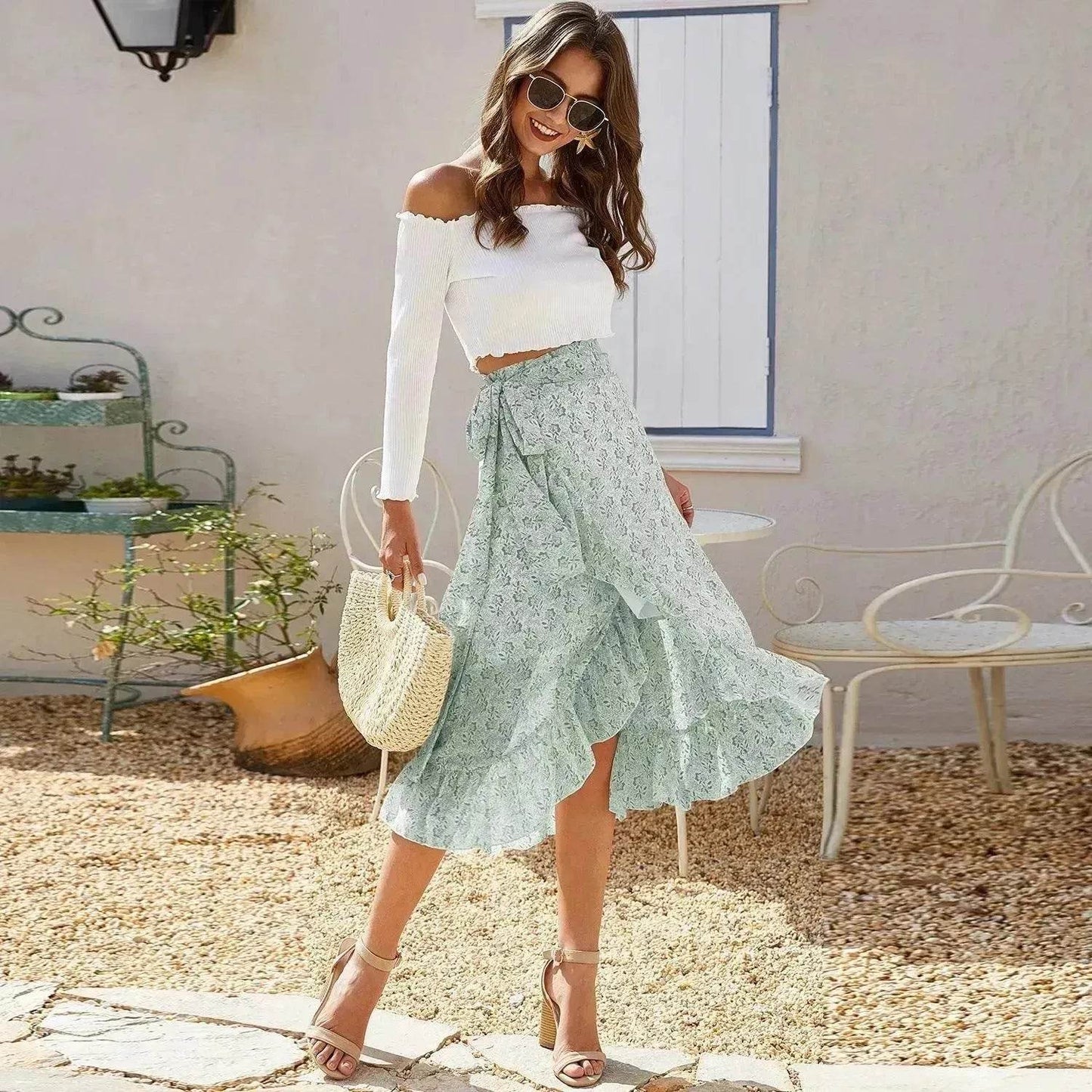 Printed Lace Up Split Expansion Midi Floral Skirt With Lining - Velora