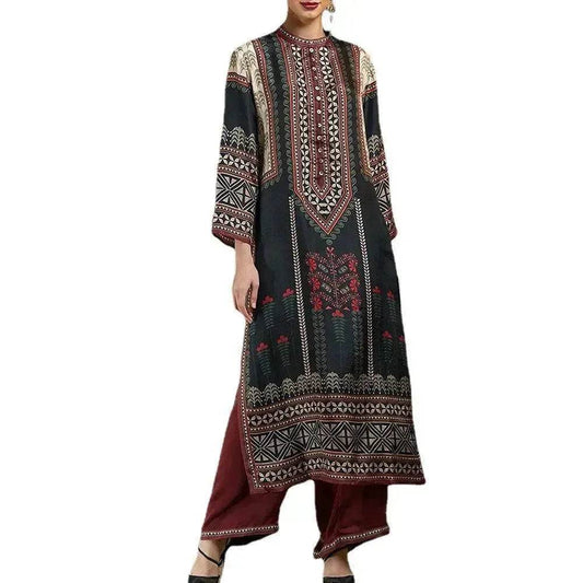 Printed Loose Middle East Print Slit Long Skirt Outfit set for Arab Turkey Women - Velora