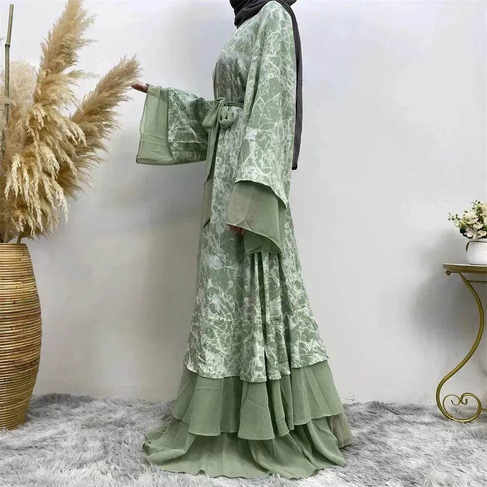Printed Panel Top Robe Abaya Dress for Arab Dubai Turkey Middle East Women - Velora