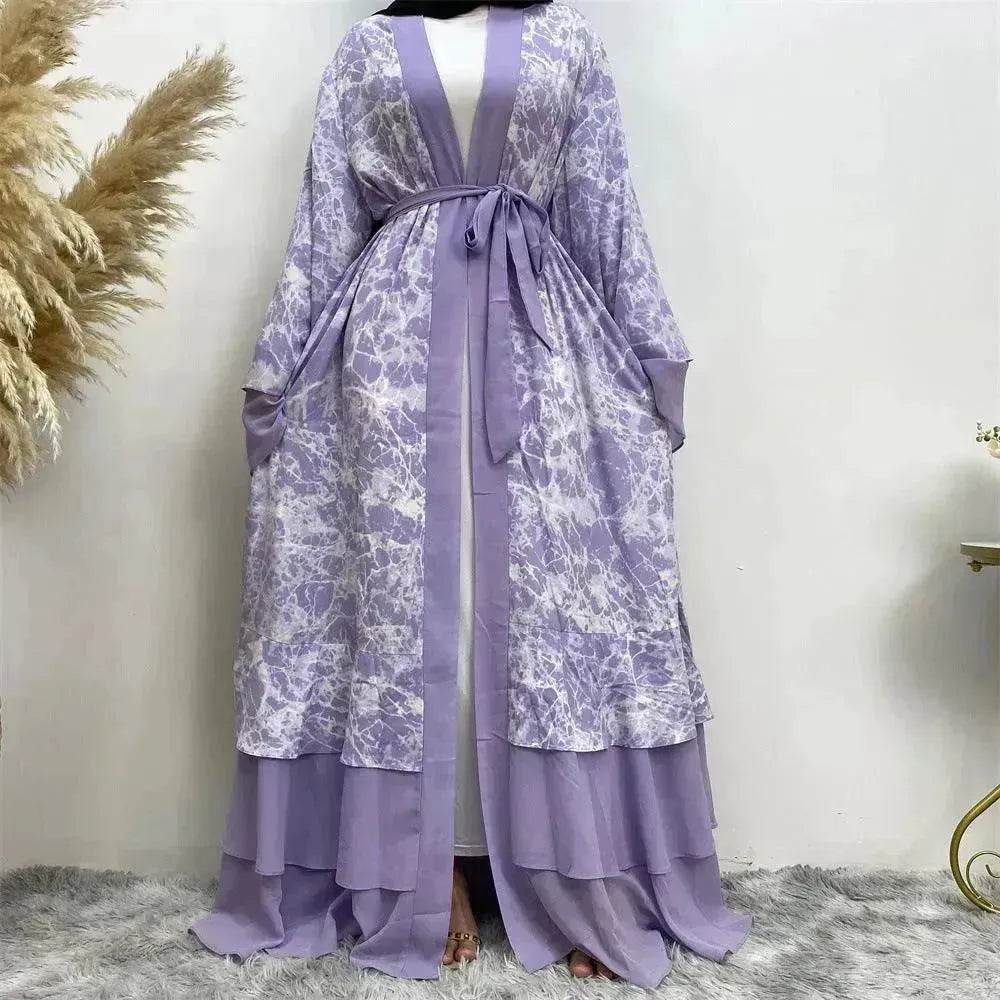 Printed Panel Top Robe Abaya Dress for Arab Dubai Turkey Middle East Women - Velora