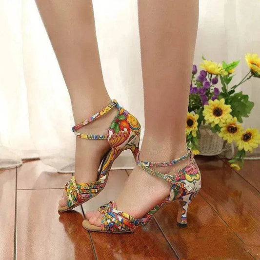 Printed Satin Latin Dance Shoes High Heels - Velora
