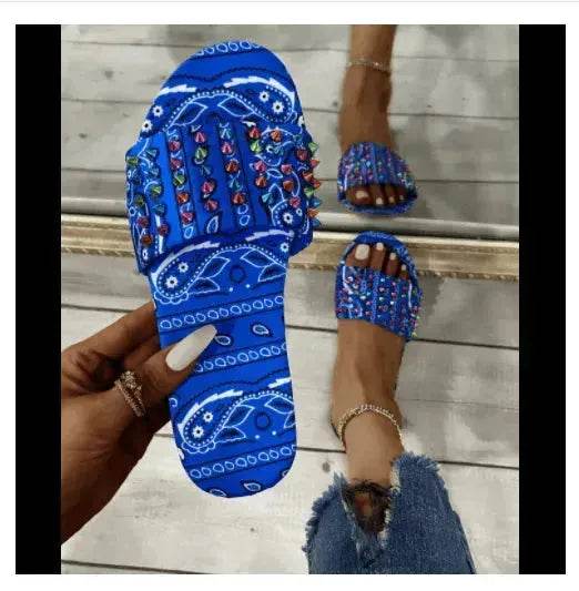 Printed Toe Flat Rivet Casual Slippers - Velora