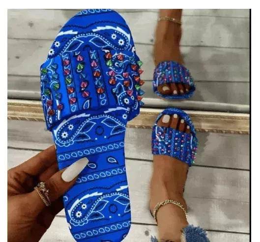 Printed Toe Flat Rivet Casual Slippers - Velora