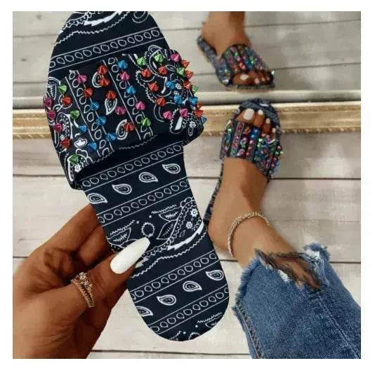 Printed Toe Flat Rivet Casual Slippers - Velora
