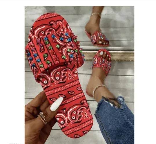 Printed Toe Flat Rivet Casual Slippers - Velora