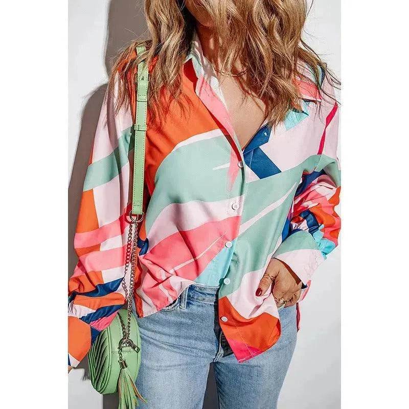 Printing Color Contrast Thin Long-sleeved Top For Women - Velora