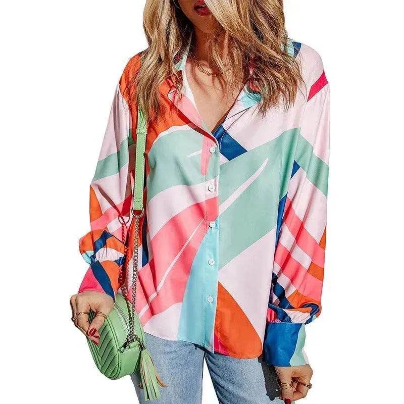 Printing Color Contrast Thin Long-sleeved Top For Women - Velora