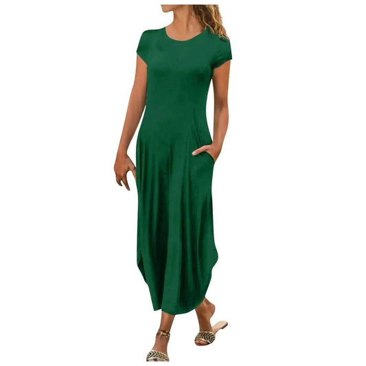 Pullover Short Sleeve Round Neck Mid Waist Solid Color Dress EX-STOCK Canada