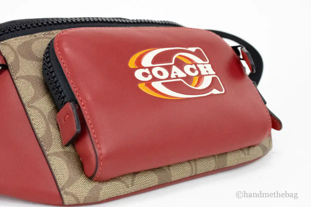 Coach Track Colorblock Khaki Red Leather Stamp Belt Bag