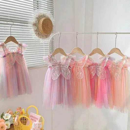 Rainbow Butterfly Wings Mesh Girl Dress - Velora