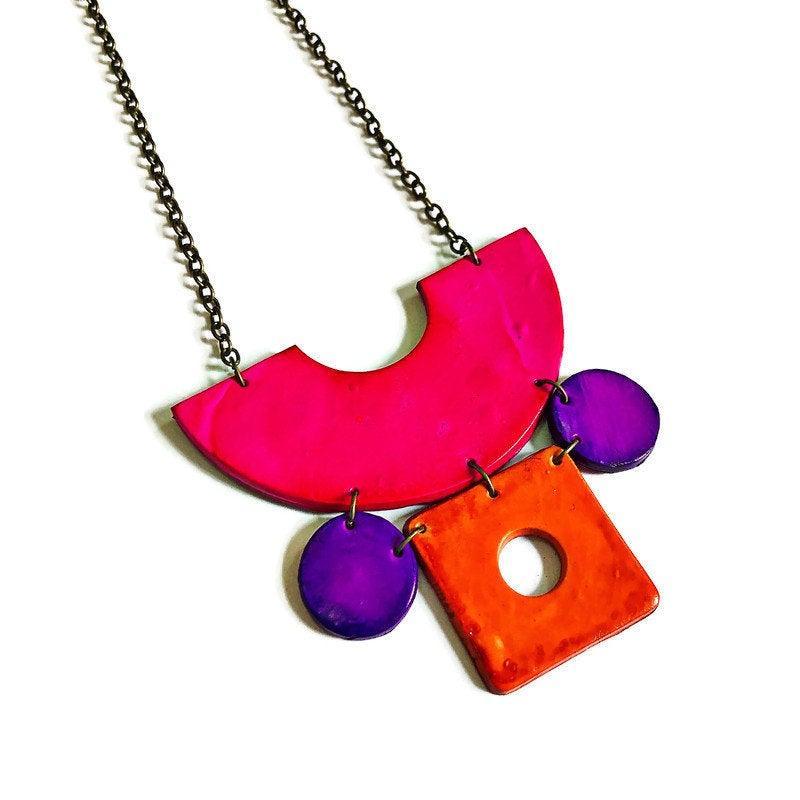 Retro Statement Necklace with Abstract Shapes in Neon Pink Purple Orange - Velora Luxury Fashion