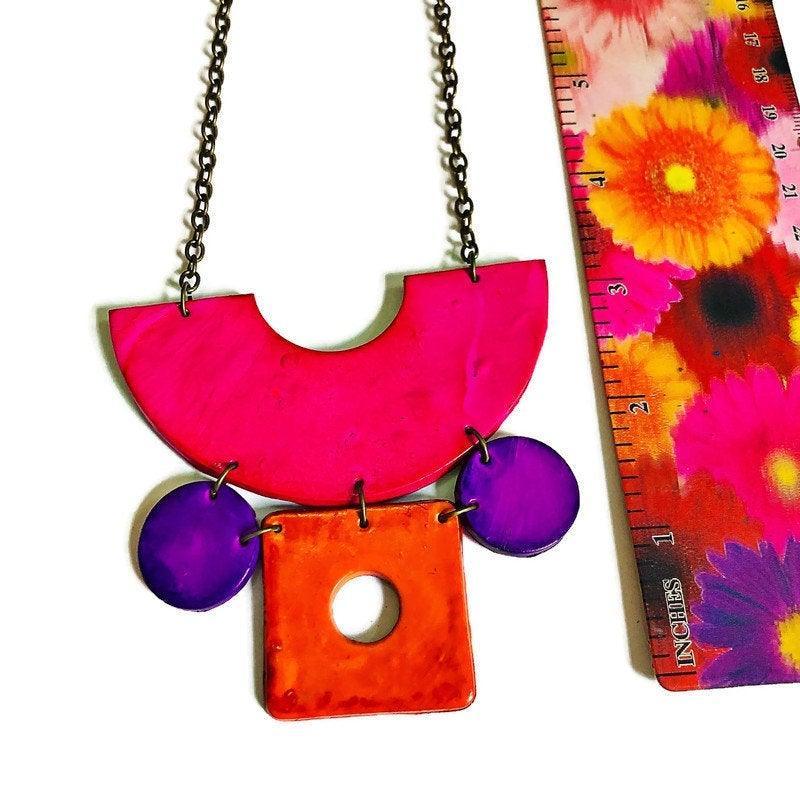 Retro Statement Necklace with Abstract Shapes in Neon Pink Purple Orange - Velora Luxury Fashion