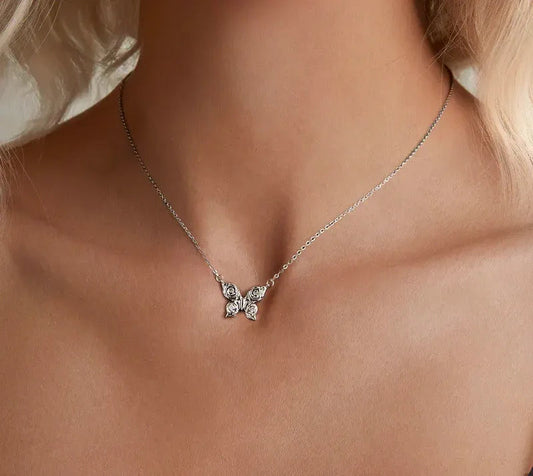 Romantic Elegance: Zircon White Gold Plated Rose Butterfly Sterling Silver Necklace Itz Luxury