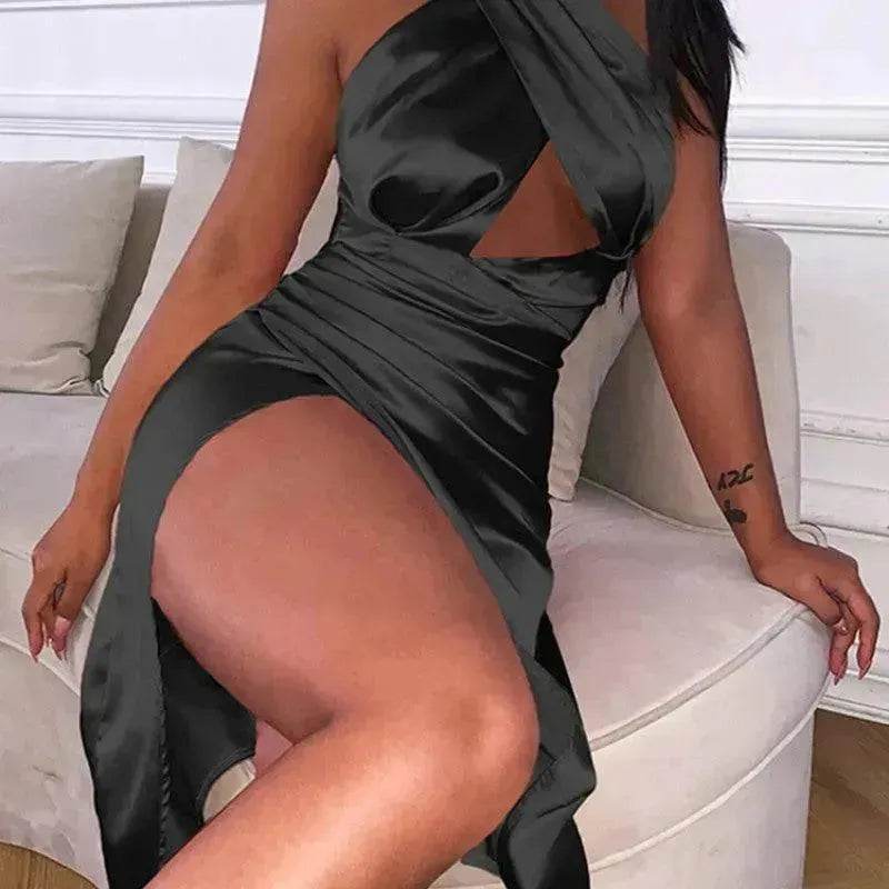Satin Halter Cross Backless Split Dress - Velora