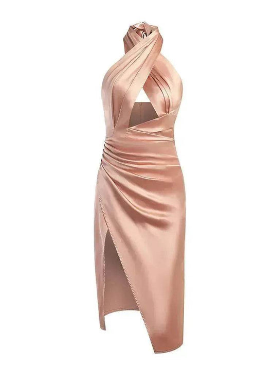 Satin Halter Cross Backless Split Dress - Velora