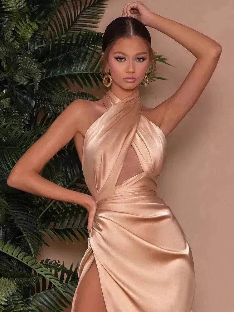 Satin Halter Cross Backless Split Dress - Velora