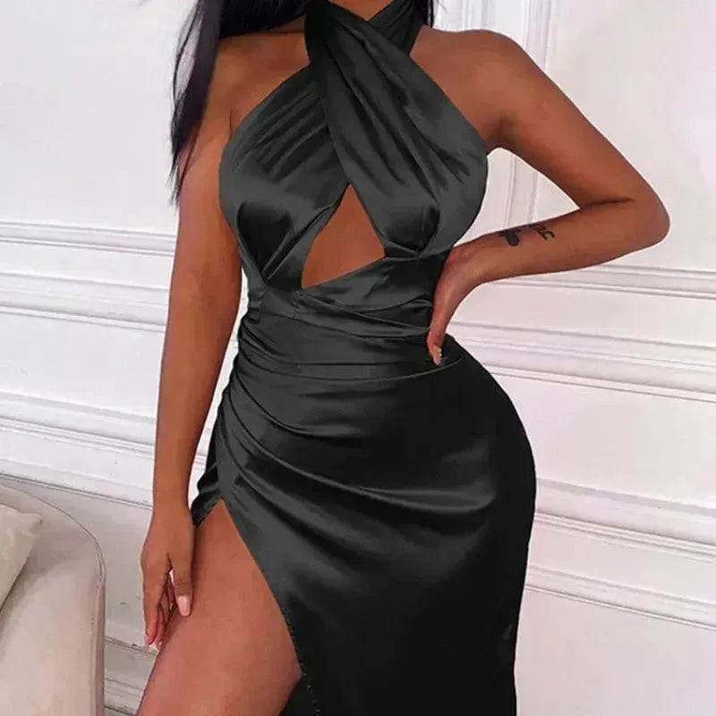 Satin Halter Cross Backless Split Dress - Velora