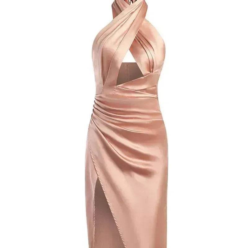 Satin Halter Cross Backless Split Dress - Velora