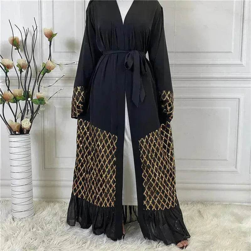 Sequined Embroidered Outerwear Robe Turkey Arab Dubai Middle East Women's Chiffon Cardigan Abaya Dress - Velora
