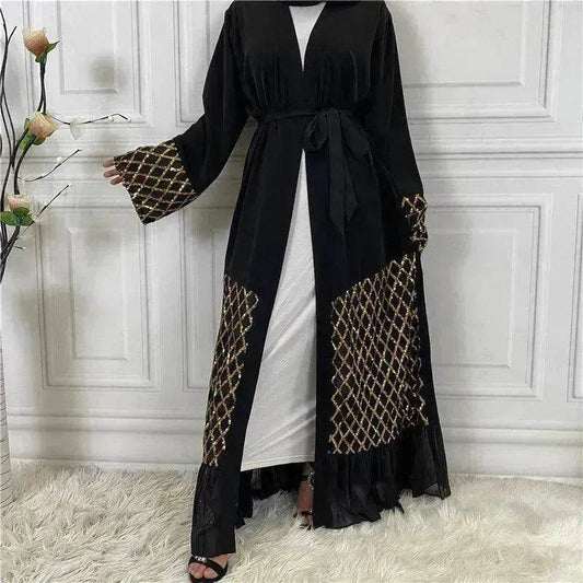 Sequined Embroidered Outerwear Robe Turkey Arab Dubai Middle East Women's Chiffon Cardigan Abaya Dress - Velora